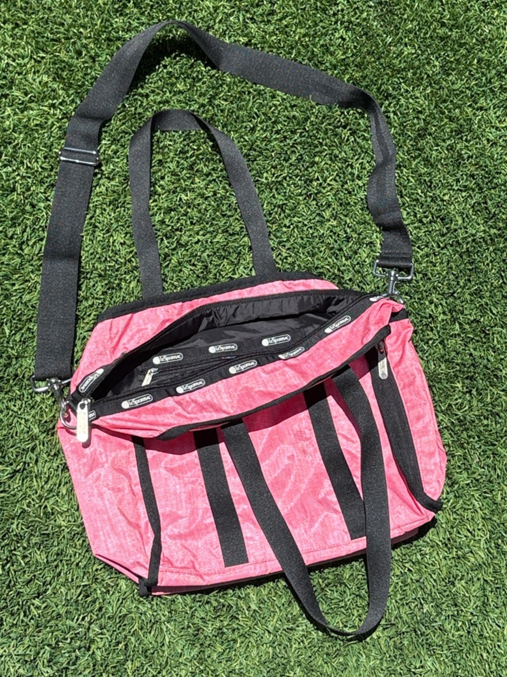 LeSportsac Large Crossbody Bag Pink Denim Print Black Trim NWOT Travel or Gym